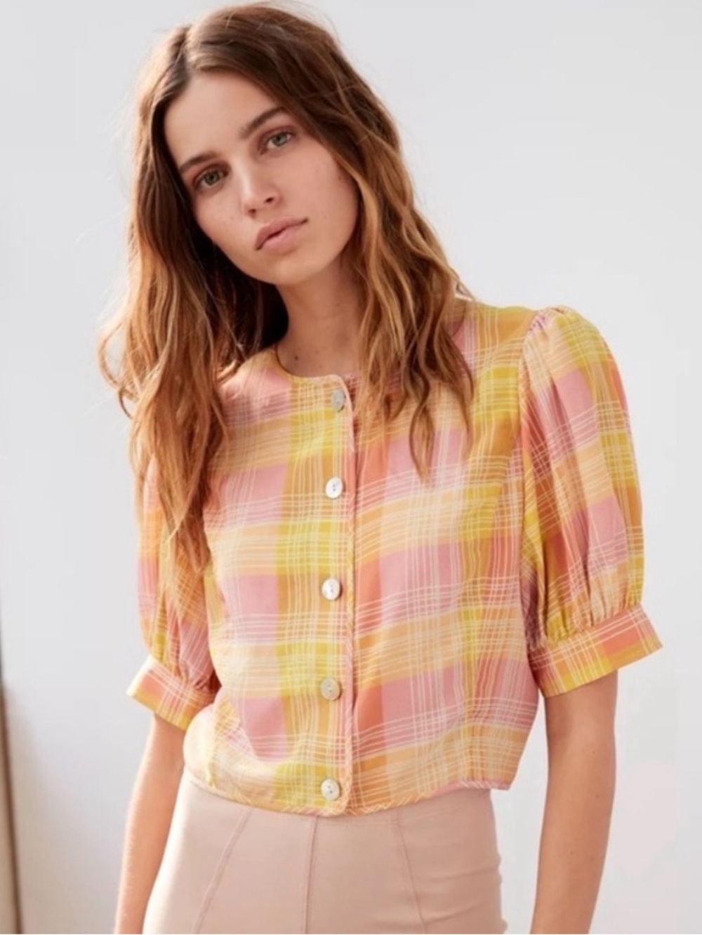 NEW Wilfred Le Fou Alban 100% Silk Plaid Check Shell Button Front Blouse